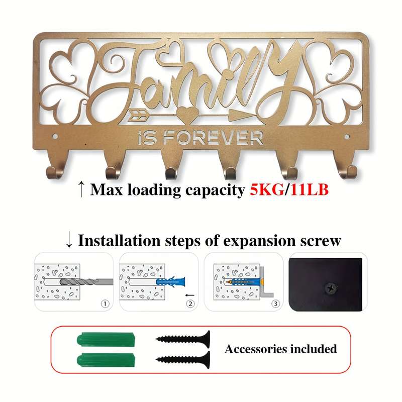 1pc Rustic Black Metal Key Holder with Family is Forever DesignWall Mounted Key Hooks