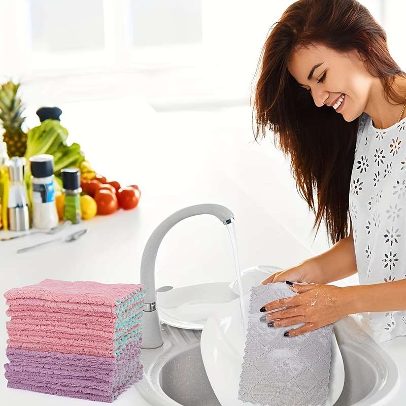 10pcs Ultrafine Fiber Dish Cloths Multi-Purpose Cleaning Towels Double-Sided Scrubbing Spon