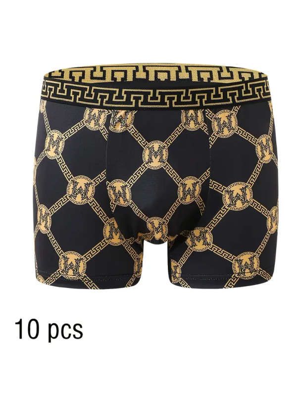 10pcs Men's Boxer Briefs Size M Black and Golden Print High Stretch Polyester Knit Fabric Quick-Dry
