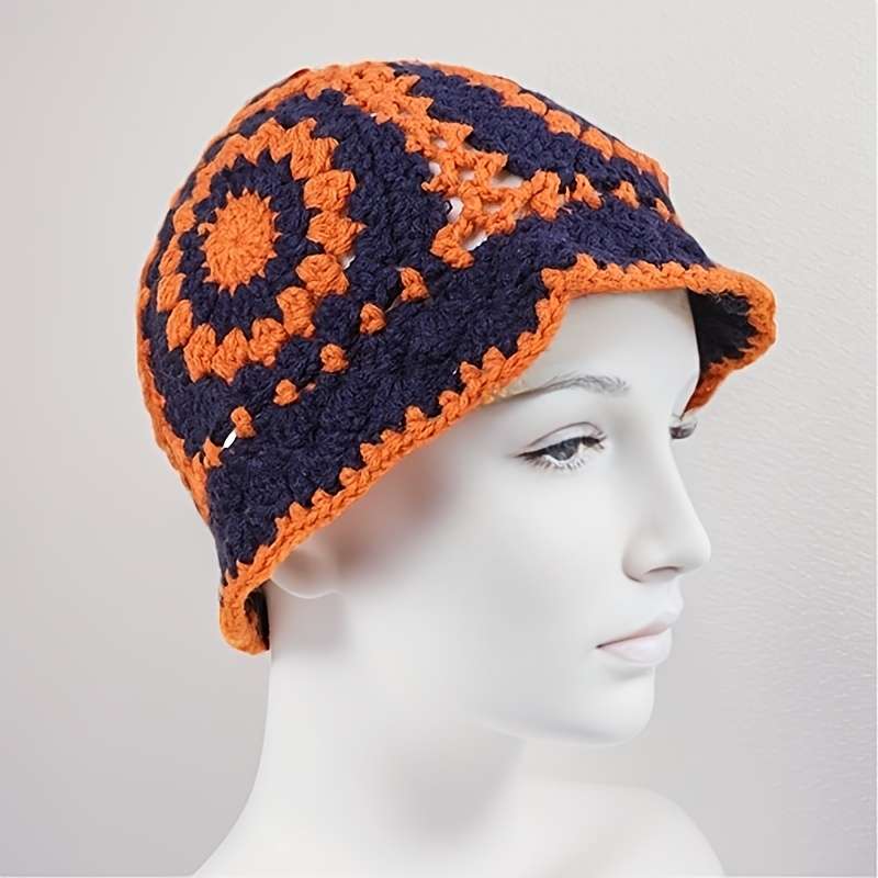 1pc Elegant Retro Floral Crochet Fisherman Hat Classic Color Block Warm Pot Hat Lightweight Breat