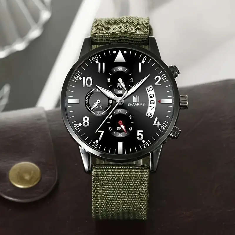 Men's Military Green Fashion Watch Set with Quartz Movement