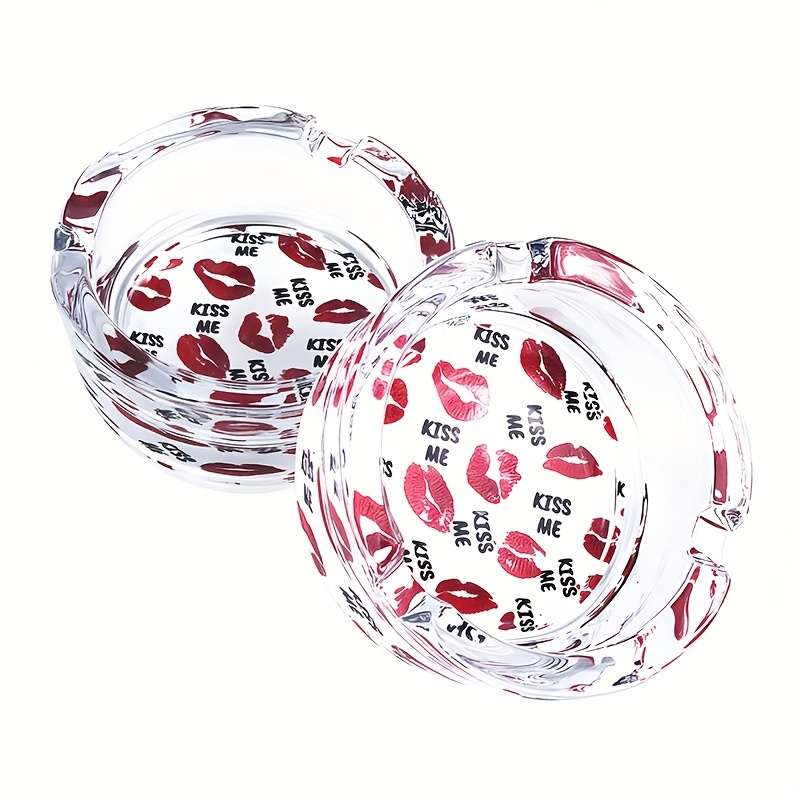 1pc 8.48 cm Round Glass Ashtray with Sexy Red Lips Design C "KISS ME" Pattern Clear Smoking Access