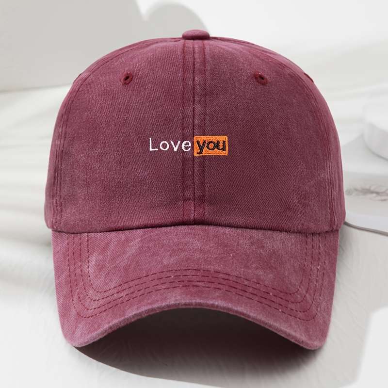 1pc Love You Embroidered Baseball Cap Vintage Gray Adjustable Fit Sun Protection Polyester