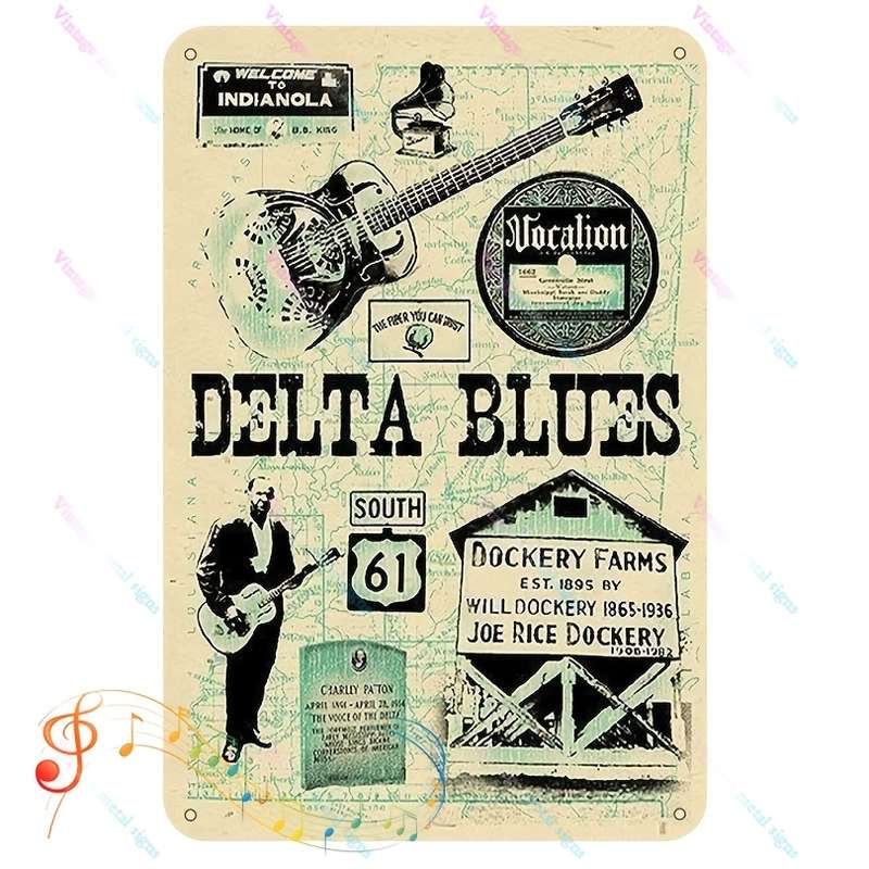 1pc Vintage Delta Blues Metal Tin Sign 30.48x20.32 cm Retro Wall Art with Guitar Player Music-T