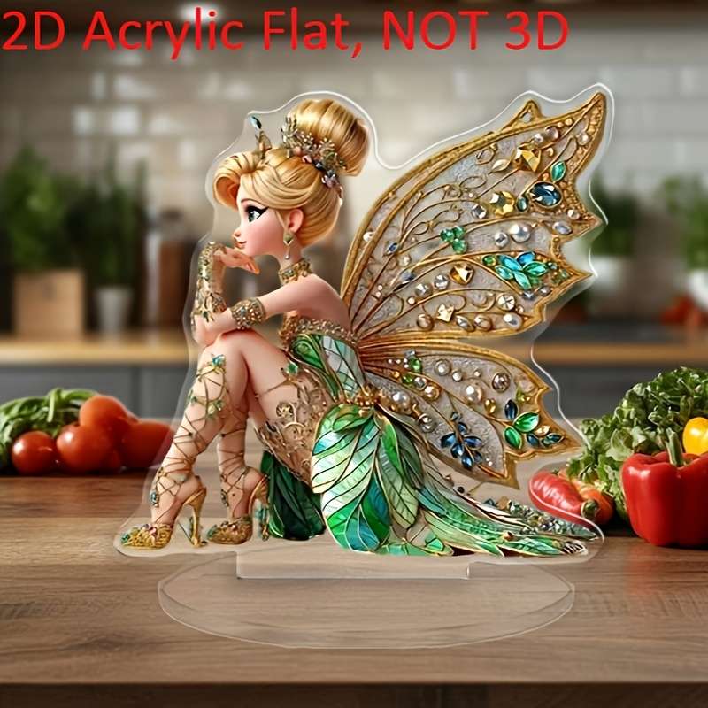 1pc 2D Flat  Acrylic Fairy Figurine with Sparkling Crystals Pearl Accents Elegant Bohemian