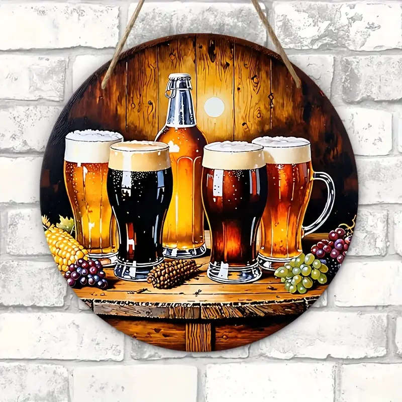 1pc Rustic Beer Mugs Wooden Wall Art 2D Printed Wooden Hanging Decor with Autumn Leaves and Pinecone