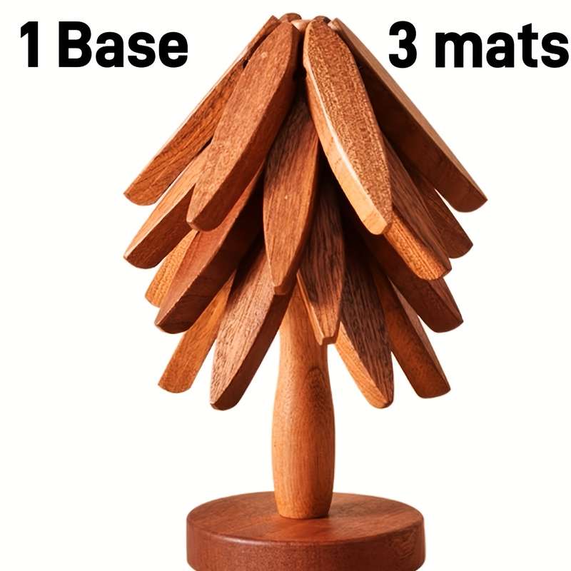 Wooden Tree-Shaped Pot Mat Set Includes 3 Removable Coasters and Base Creative Non-Slip Heat-
