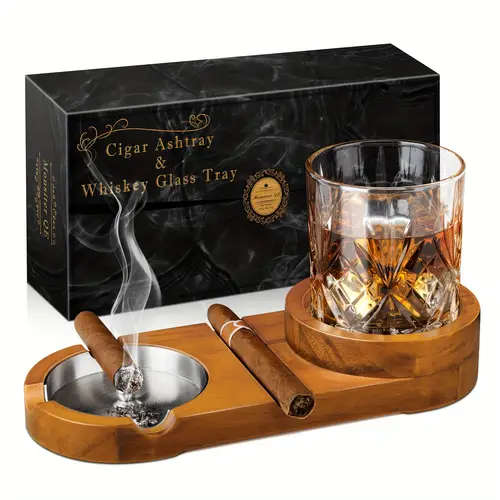 1pc Vintage Wooden Cigar Ashtray with Whiskey Glass Tray Detachable Indoor Outdoor Use Perfect Gift