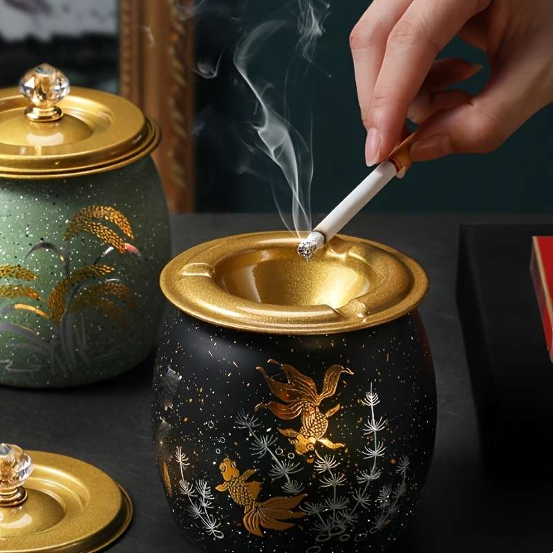 1pc Elegant Stainless Steel Ashtray with Lid Anti-Fly Round Design for Home Living Room Decor