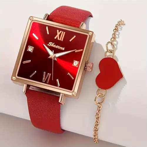 2pcs set Elegant and Fashionable Women's Square Dial PU Leather Strap Quartz Watch Versatile Fashion