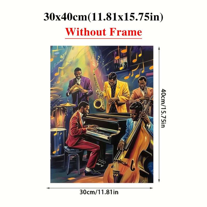 1pc  Jazz Band Poster with Wooden Frame 29.97x39.88 cm Vibrant Musicians Playing Saxophone T