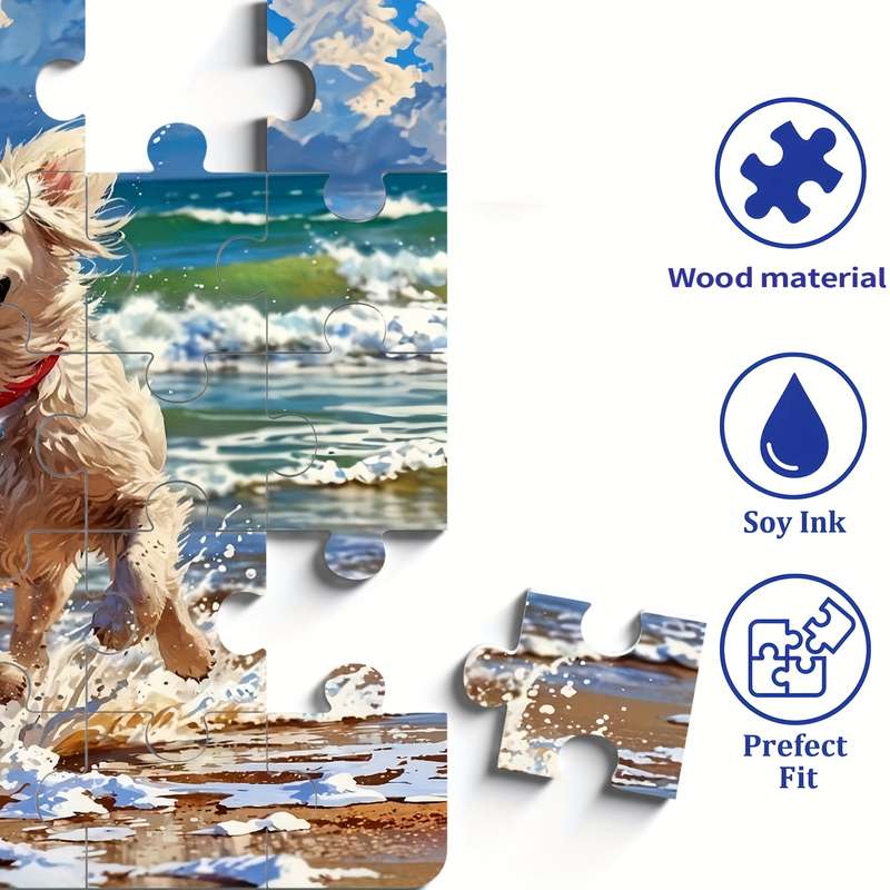 1000pcs Jigsaw Puzzle Beach Dog Scene with Ocean Sand Scratch-Resistant Wooden P