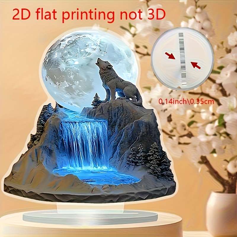 1pc 2D Flat   Bohemian Crystal Desktop Wolf and Full Moon Display 17.02x17.02 cm No Power