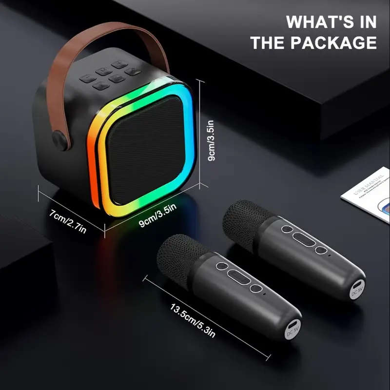 Mini Karaoke Machine for Youngsters Wireless Speaker with 2 Wireless Microphone and LED Lights