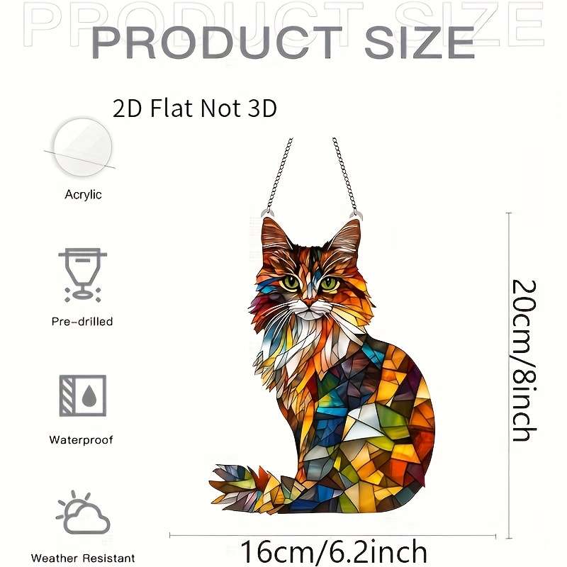1pc 2D Flat   Acrylic Colorful Long-Haired Cat Sun Catcher 6.2x8 Inches Vibrant Mosaic Wall Ar