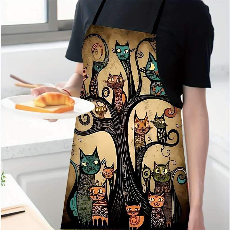 1pc Colorful Cartoon Cat Print Polyester Apron Sleeveless Durable Kitchen Cleaning Bib