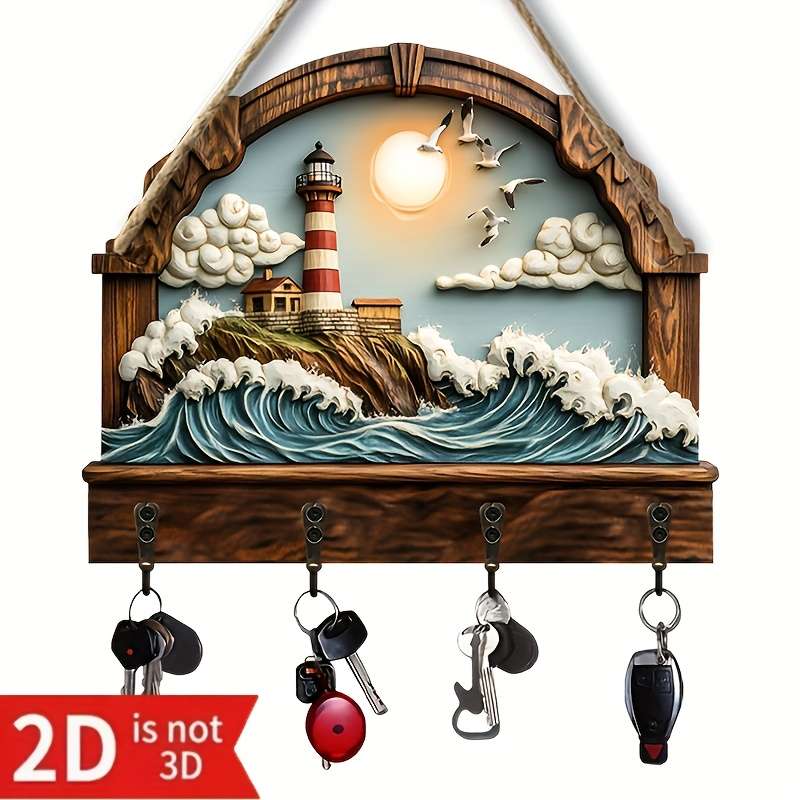 2D Flat 2d/Flat Seaside Lighthouse Simple and Colorful Wooden Home Key Hanger with Four Metal Hooks