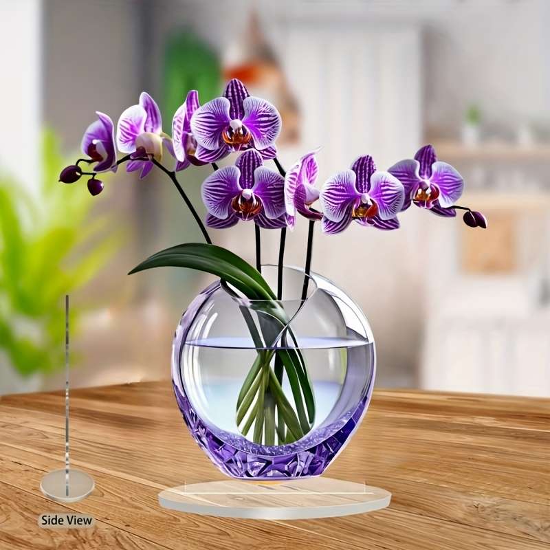 1pc 2D Flat -Printed Purple Orchid Acrylic Floral Decor with Crystal Glass Effect No Electricity N