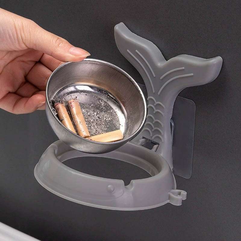 1pc Stainless Steel Fish-Shaped Wall-Mounted Ashtray with Cigarette Holder Waterproof No-Drill I