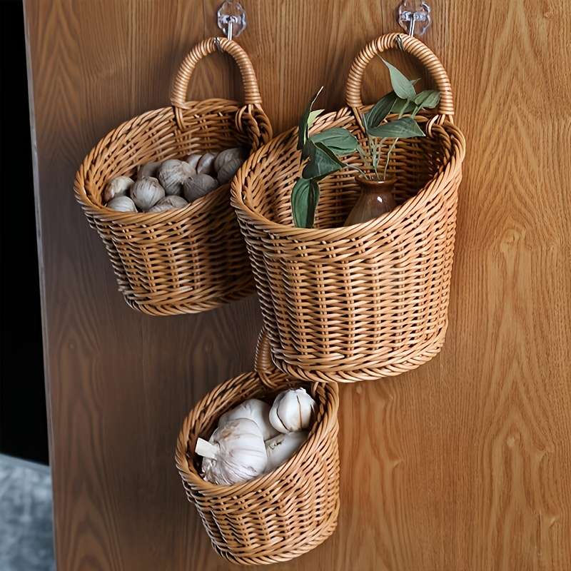 3pcs set (L+M+S) Imitation Rattan Wall Storage Basket Woven Hanging Baskets Kitchen Ginger Ga