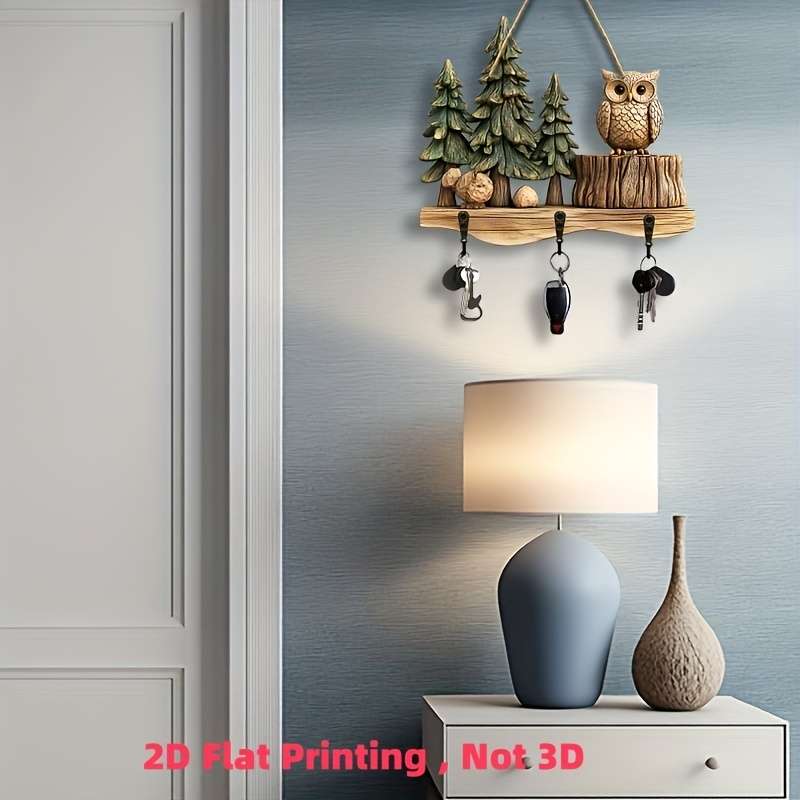 Charming 2D Crow and Forest Colorful Wooden Key Holder30.0cm x 24.99cm with 4 Metal Hooks Perfec