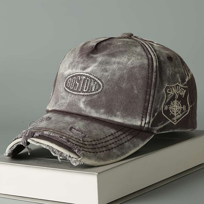 1pc Vintage Washed Denim Baseball Cap with "BOSTON" Embroidery Lightweight Soft Top Wide Brim