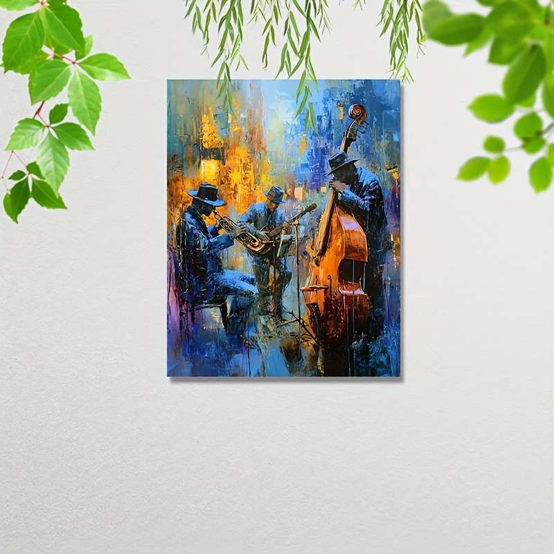 1pc Vibrant Jazz Musicians Canvas Art 30.48x40.64 cm Framed Wall Decor with Wooden Frame Blue