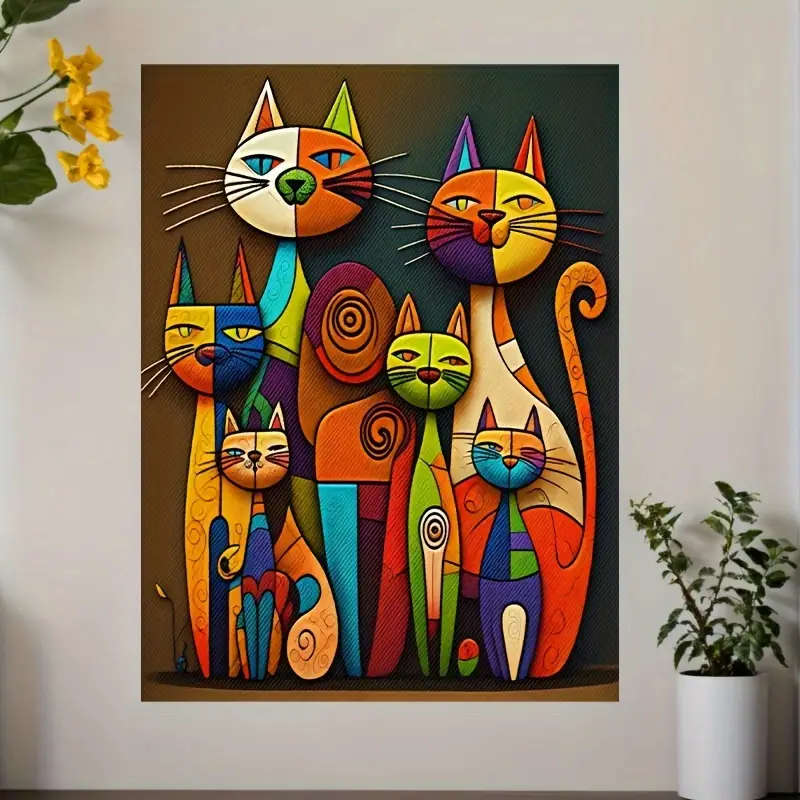 1pc Colorful Abstract Cat Canvas Art Frameless 30.48x40.64cm Vibrant Rainbow Cartoon Animal Wall Dec