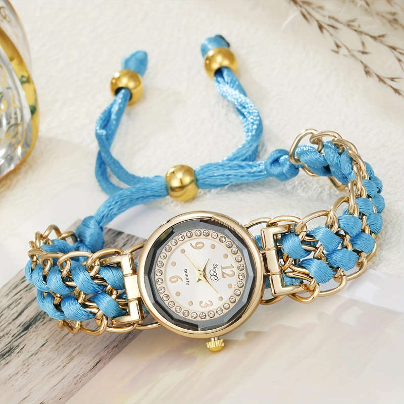 1pc Rhinestone-Inlaid Dial Adjustable Braided Cord Durable Quartz Movement Ladies' Wristwatch Fashio