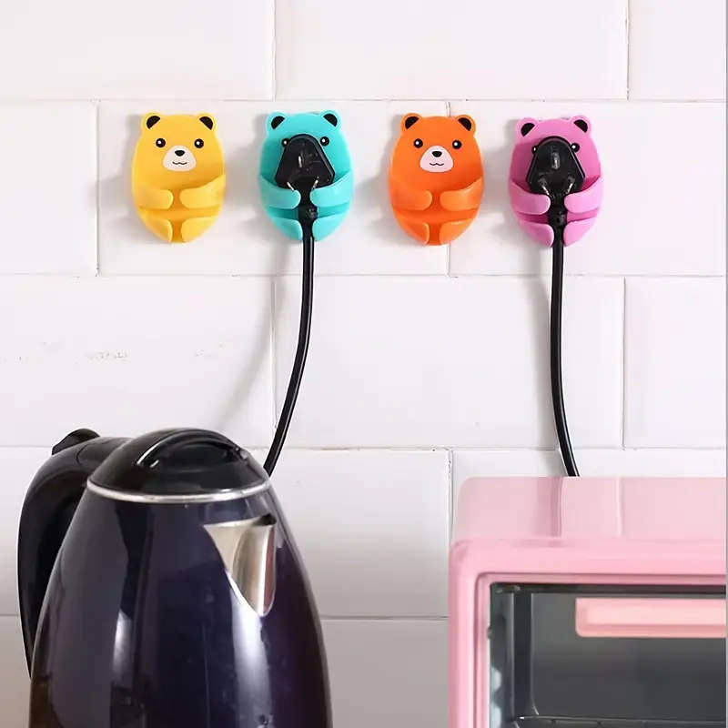 4pcs Cartoon Bear Wall-Mounted Power Strip Holder Strong Adhesive Cable Organizer Easy Install Kitch