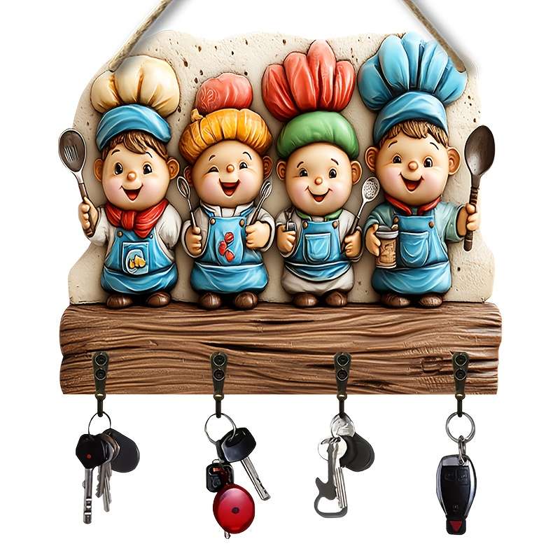 2D Flat 1pc Youngsterss Chef Restaurant Simple Colorful Wooden and Home Key Hanger with Four Met