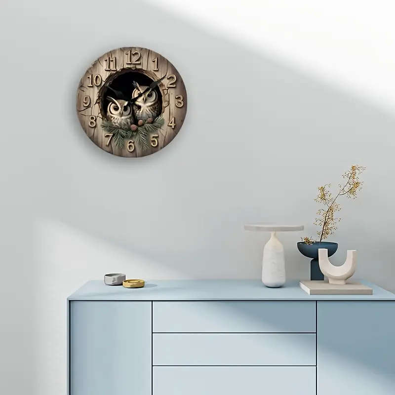1pc Chic Silent Owl Wall Clock Round Wooden Decorative Timepiece for Living Room Bedroom Office Batt