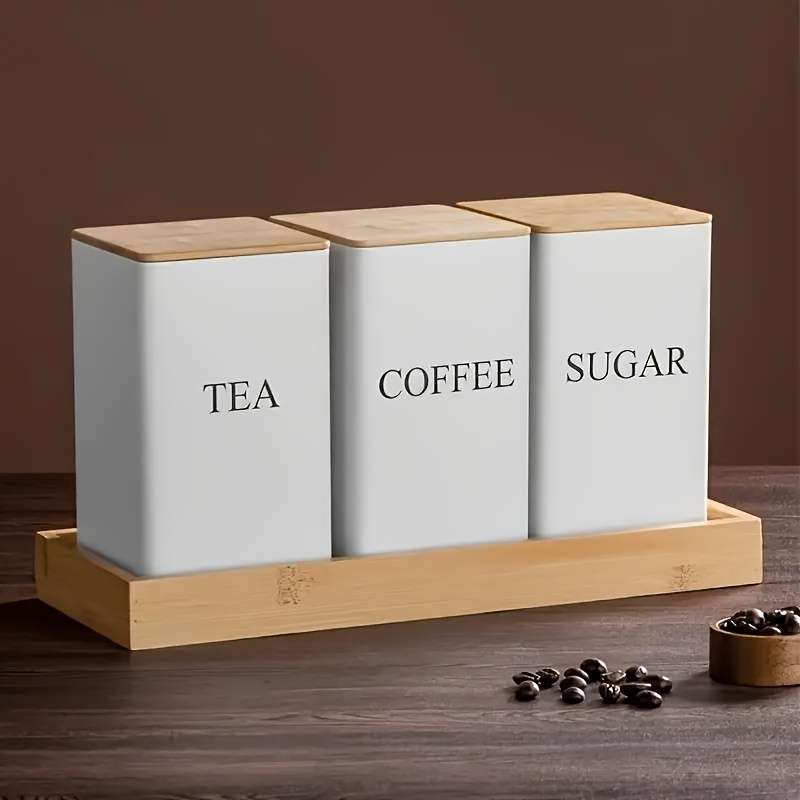 LDQ Set of 3 Iron Kitchen Canisters with Wooden Lids Washable Uncharged Engraved Label Stor