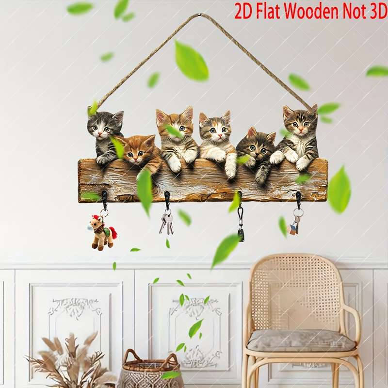 2D Flat Charming 2D Flat Wooden Key Hanger with Adorable Kitten Design"Together We Create Happi