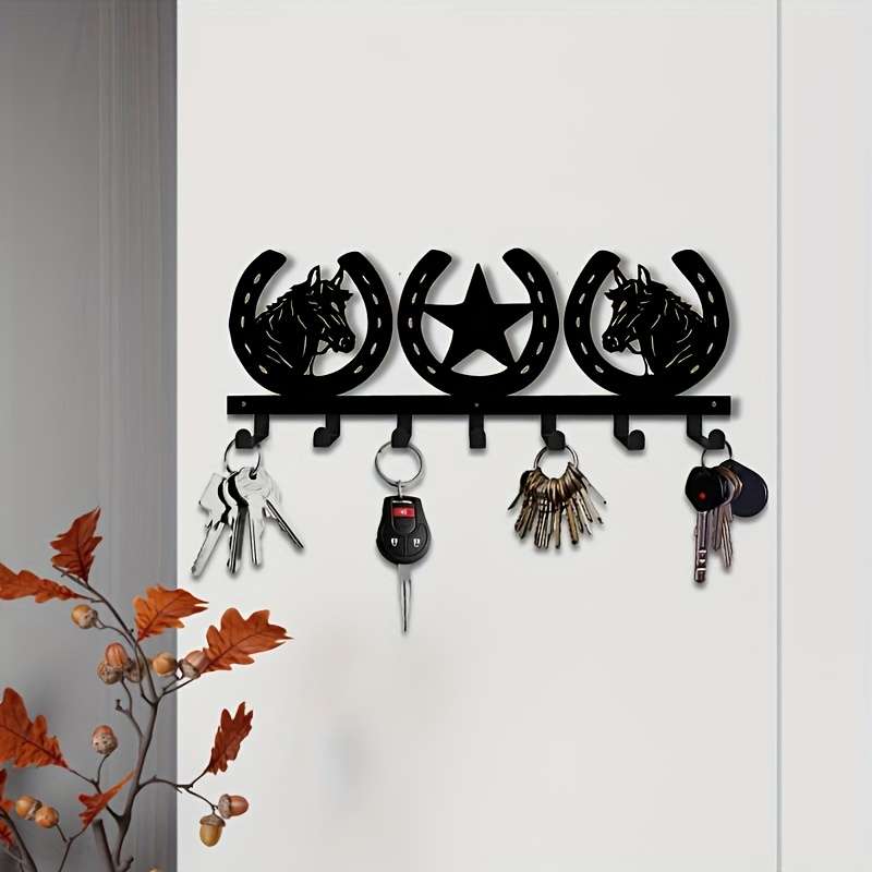 1pc Western Horse and Horseshoe Over-the-Door Key RackMetal Key Holder with Hooks for Jackets Ke