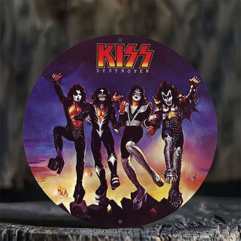 1pc Kiss Rock Band Vintage Aluminum Wall Sign 19.81 cm Round Metal Decor Suitable for Home Bar
