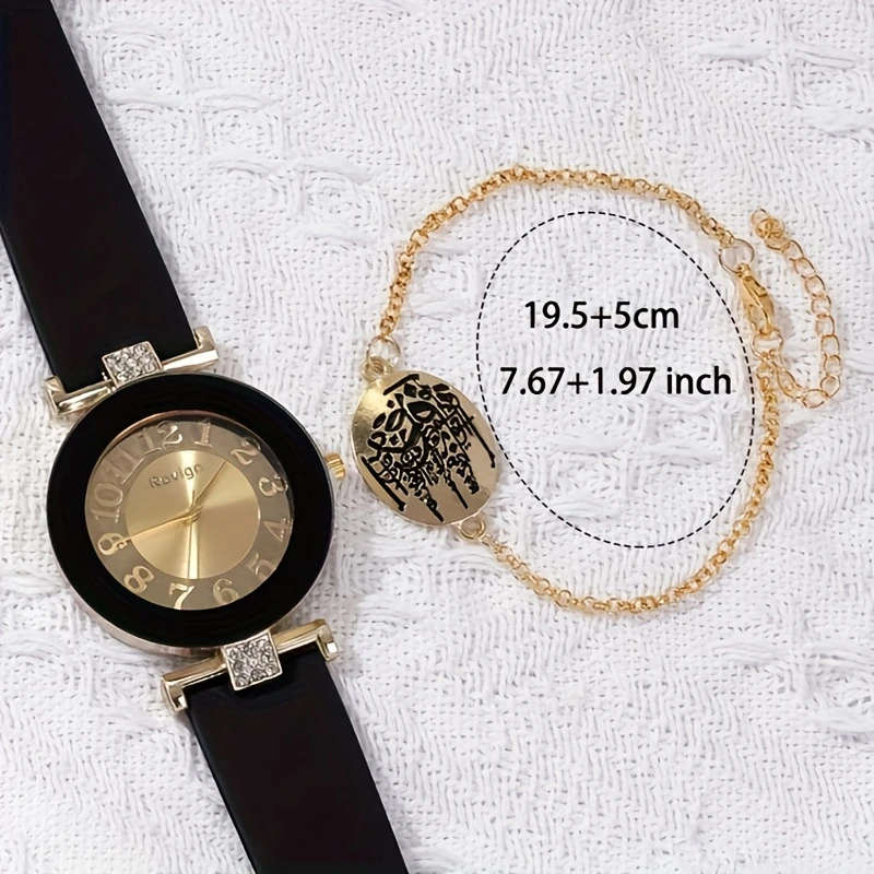 2pcs Elegant Women'S Quartz Watch Bracelet Set Black Golden Middle Eastern Calligraphy Design Classi