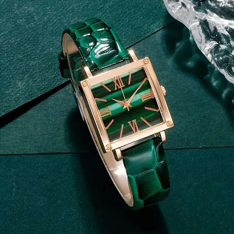5pcs set Green Quartz Watches with PU Leather Strap Alloy Pointer Alloy Dial and Rhinestone Necklace
