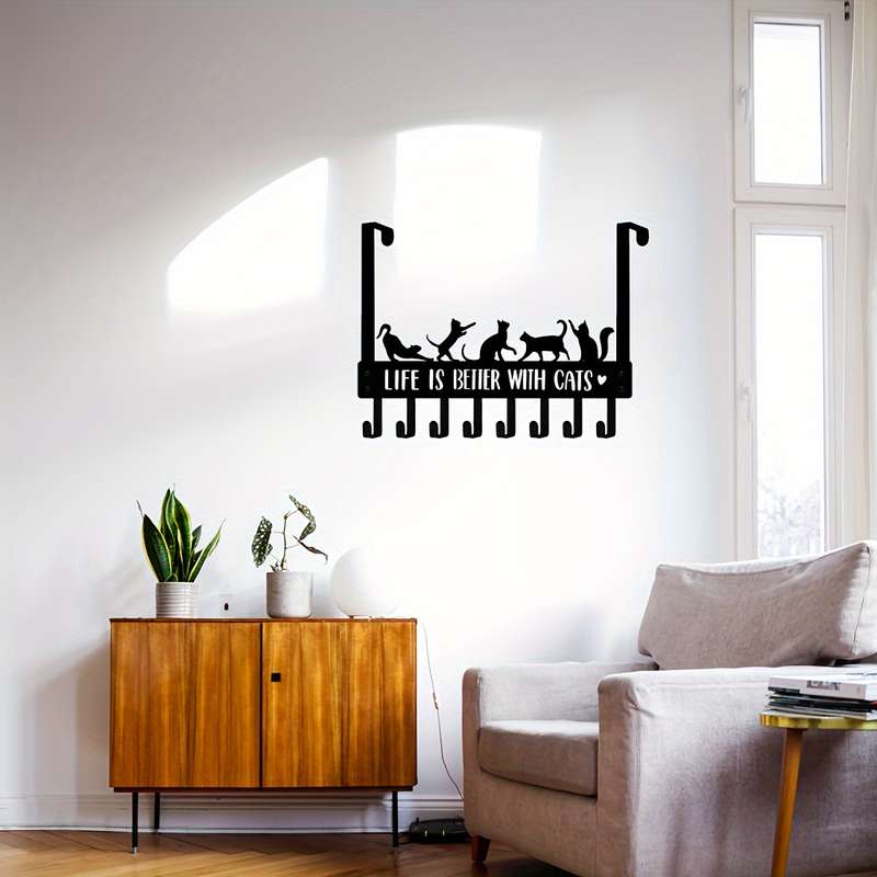 HELLOYOUNG Contemporary Metal Over the Door Cat Hooks 1pc Black Decorative Towel Coat Rack with 8 H