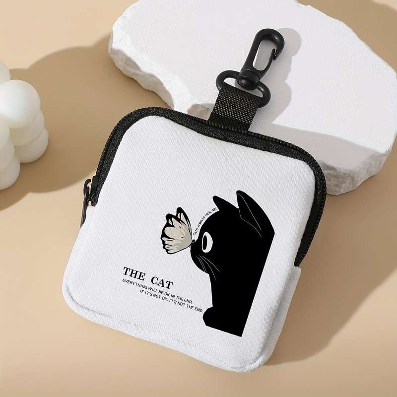 1pc Chic Cat Butterfly Print Coin Purse for Women Versatile Key Card Holder Durable Polyeste