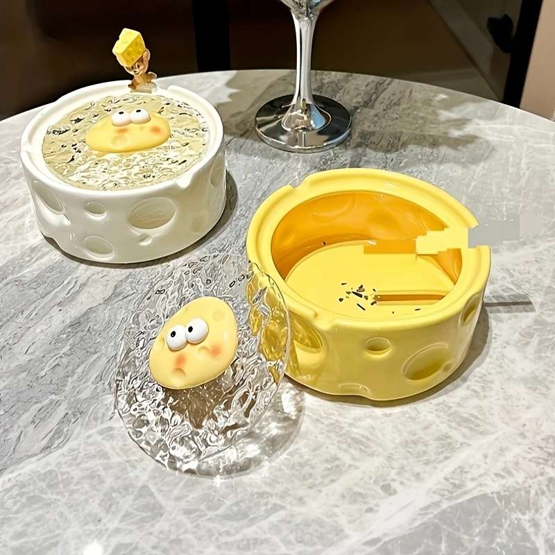 1pc Creative Fun Cheese Ceramic Ashtray with lid soot does not fly can be used for decoration su