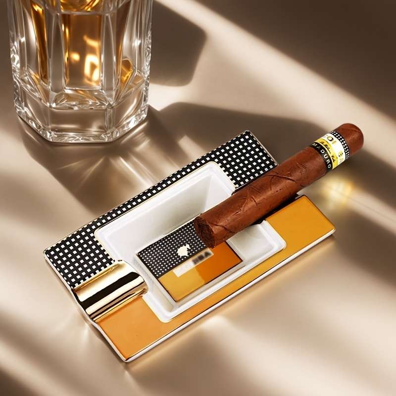 1pc Elegant Ceramic Cigar Ashtray with Dual Slots C Classic Rectangular Design Sparkling Decorativ