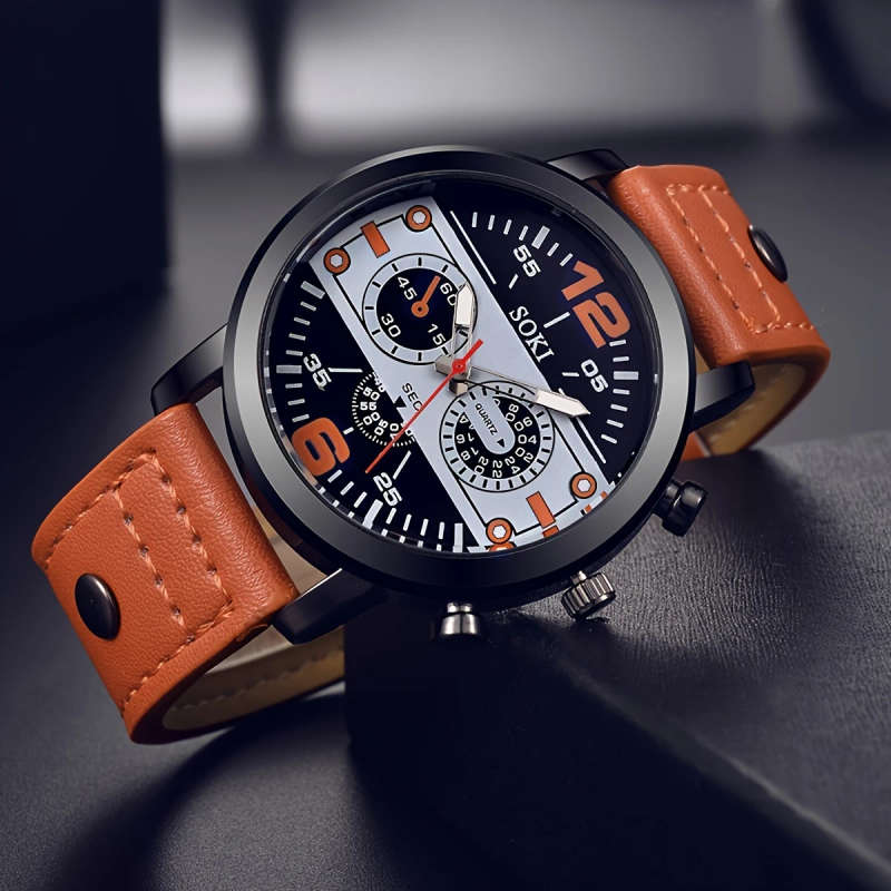 1pc Men Watch Casual Faux Leather Strap Number Date Quartz Wristwatch Fashion Men Watches for Man Si