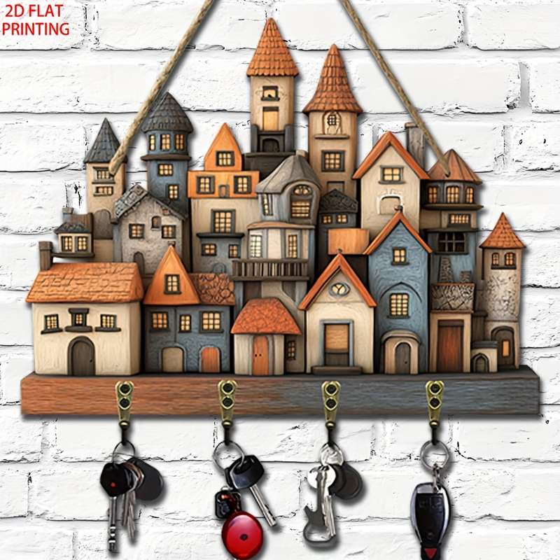 2D flat 1pc Charming urban cottage wooden key hanger (30cm x 23cm) with four metal hooksversati
