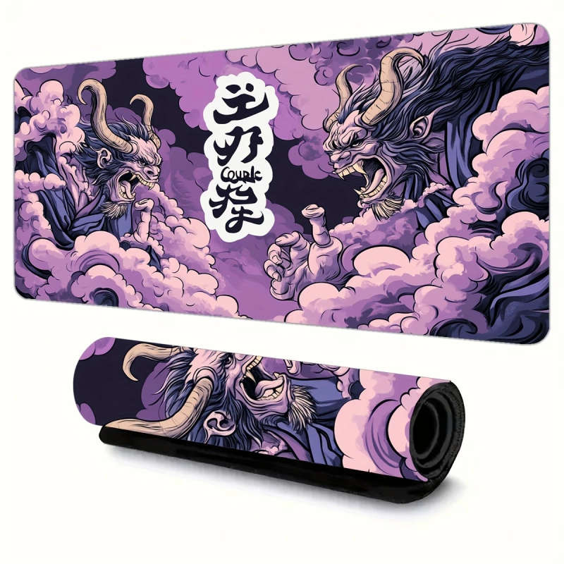 1pc 40x90cm Japanese Yokai-Themed Rubber Anti-Slip Mouse Pad Vibrant Purple Black Design