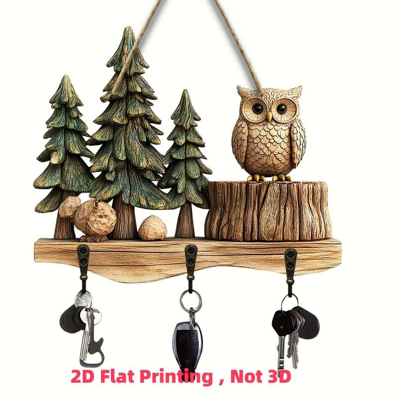 Charming 2D Crow and Forest Colorful Wooden Key Holder30.0cm x 24.99cm with 4 Metal Hooks Perfec