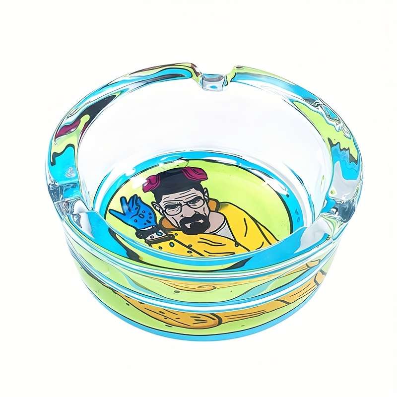 1pc 8.48cm Round Glass Ashtray with Stylish Cartoon Design C Transparent Smoking Accessory for Home