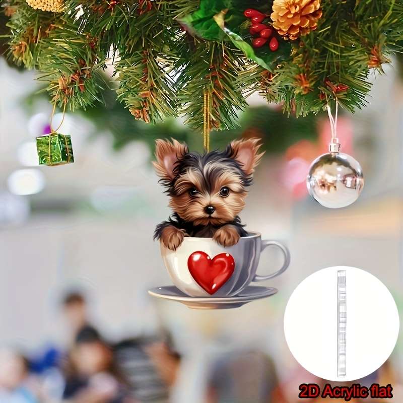 1pc 2D Flat  Adorable Yorkshire Terrier in Teacup Acrylic Pendant Versatile  Charm Hanger for H