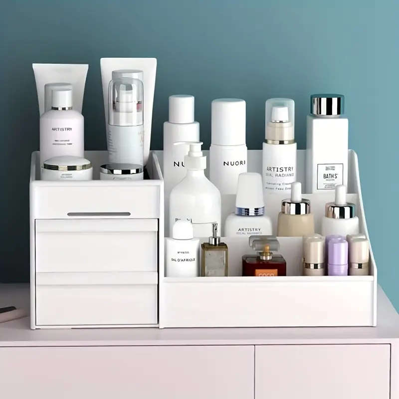 1pc Plastic Cosmetic Organizer with Drawers Lightweight Countertop Makeup Storage Holder for Lipstic