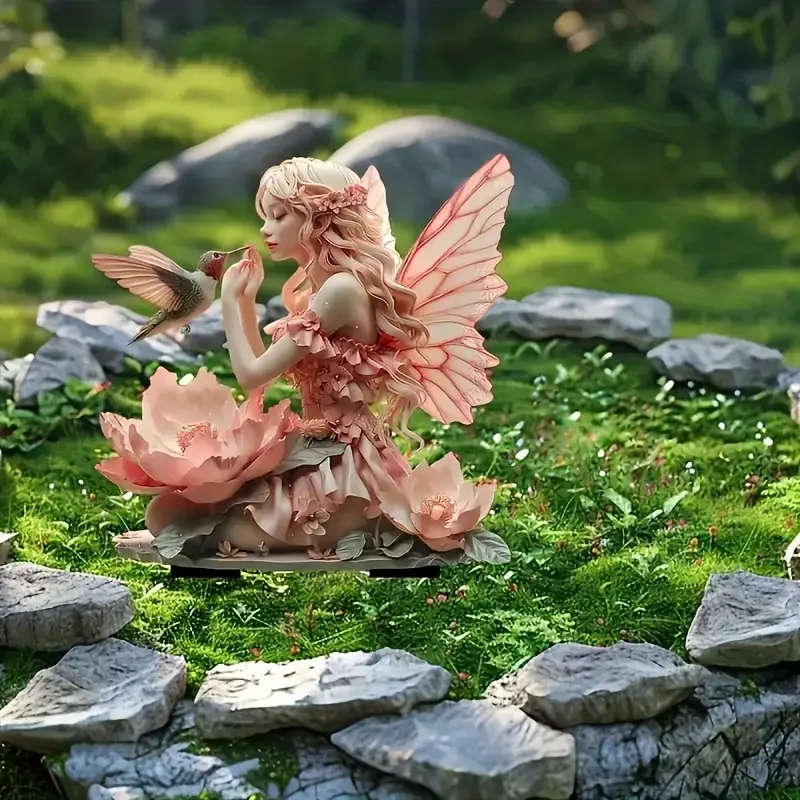 1pc Art Deco Style Acrylic Fairy and Bird Garden Stake Multipurpose 2D Flat Design Decor for Potted